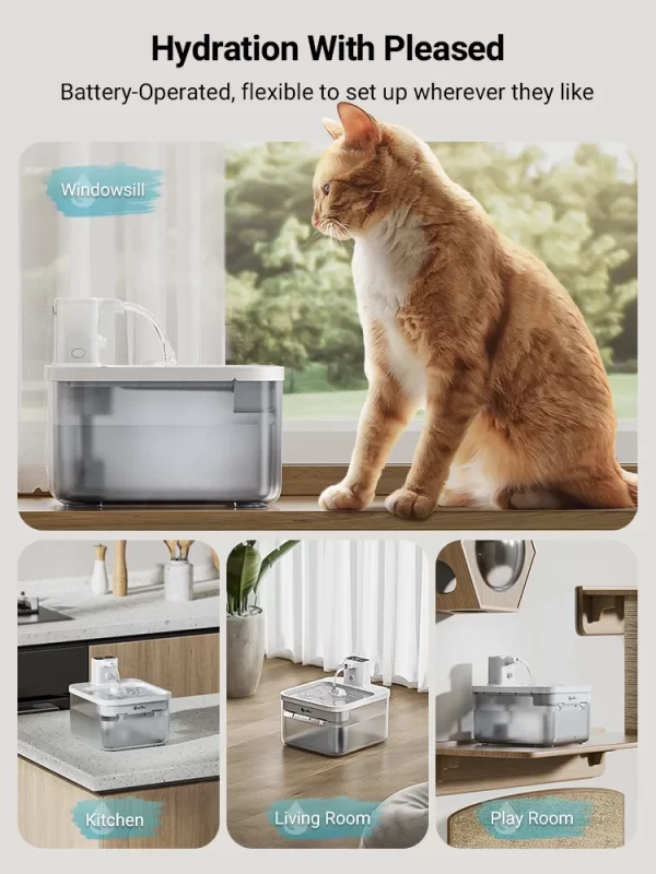 DownyPaws 2.5L Wireless Cat Water Fountain Battery Operated Automatic Pet Water Drinker with Motion Sensor Dog Water Dispenser - Image 2